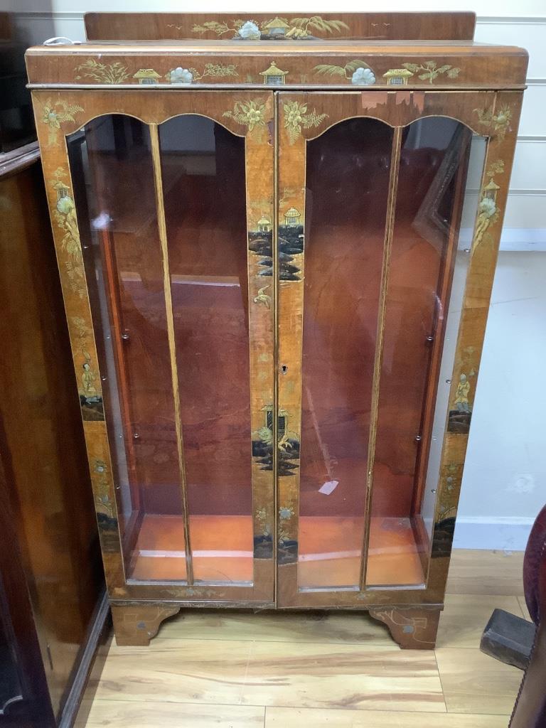 A walnut and chinoiserie display cabinet, width 70cm depth 28cm height 124cm